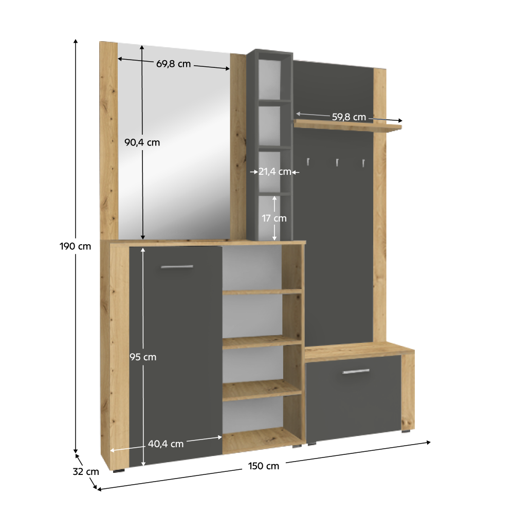 Set pentru anticameră CORTINA, stejar artisan/grafit, 150x32x190 cm Kondela