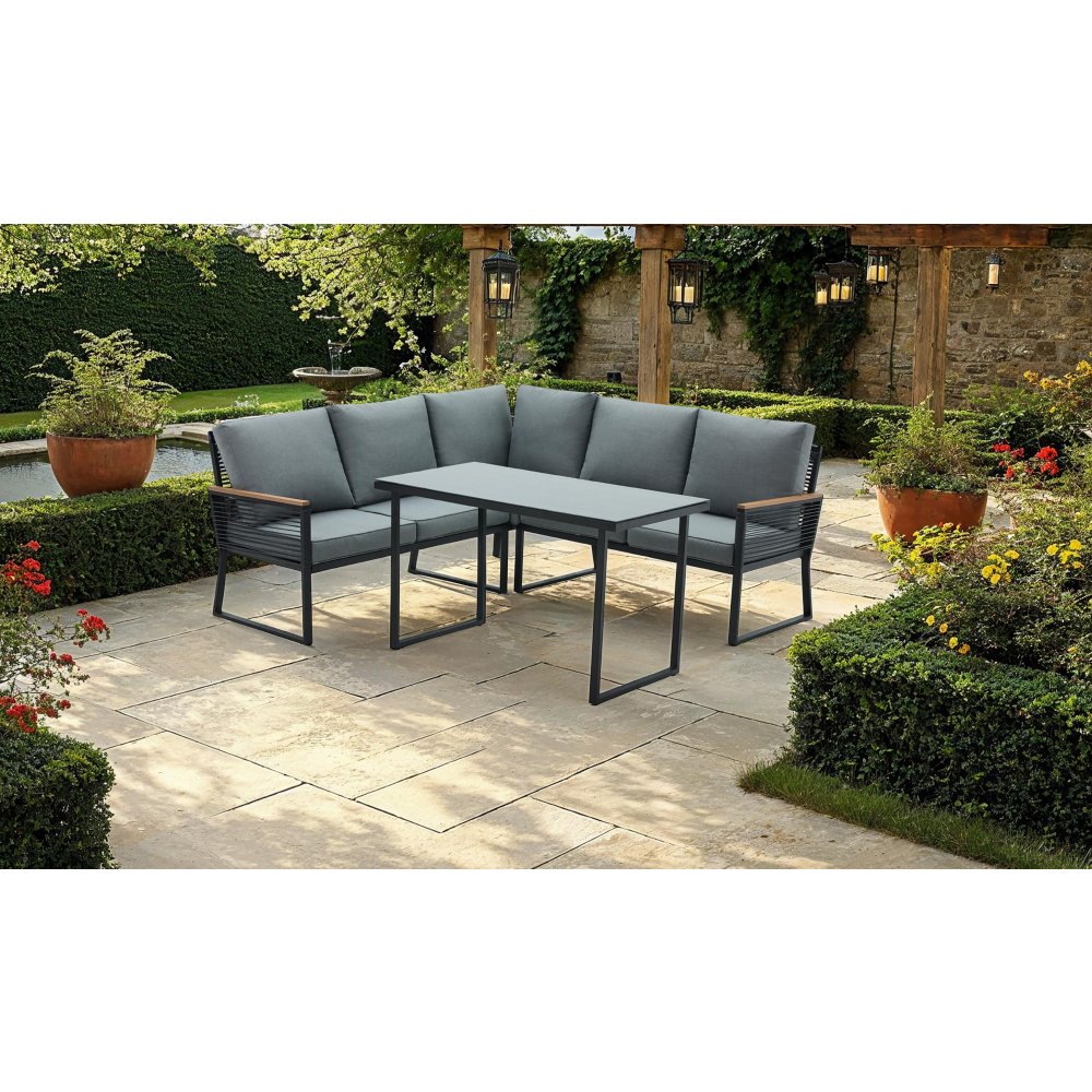 Set Grădină Modular FARLY 4 Piese | Canapea Colț + Masă | Metal, Lemn Salcâm, Sticlă Kondela