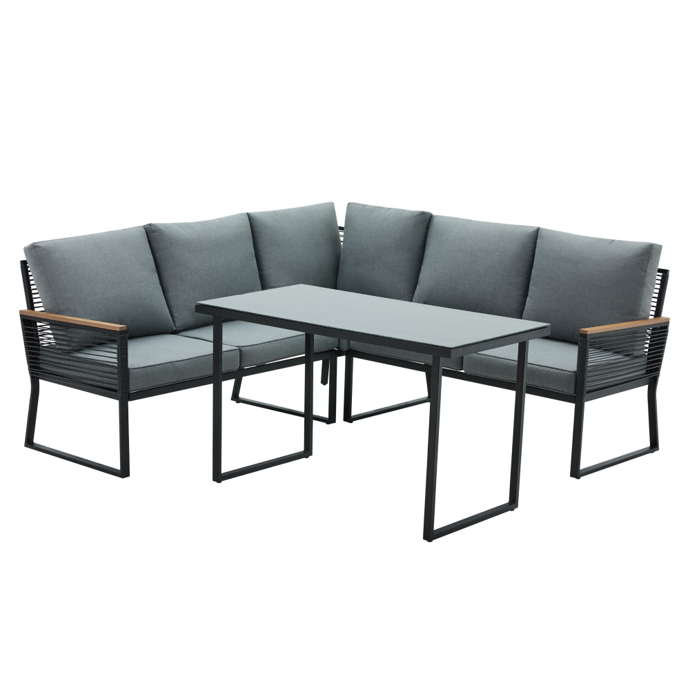 Set Grădină Modular FARLY 4 Piese | Canapea Colț + Masă | Metal, Lemn Salcâm, Sticlă Kondela