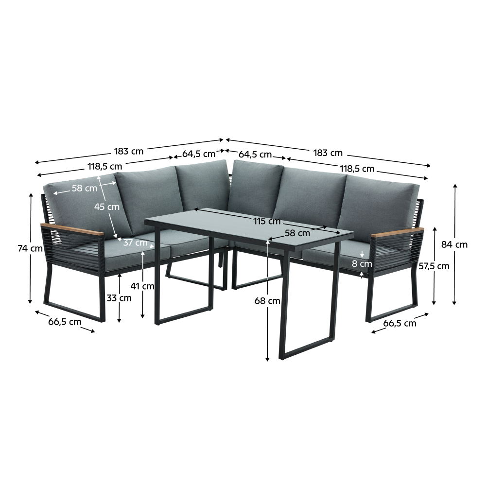 Set Grădină Modular FARLY 4 Piese | Canapea Colț + Masă | Metal, Lemn Salcâm, Sticlă Kondela