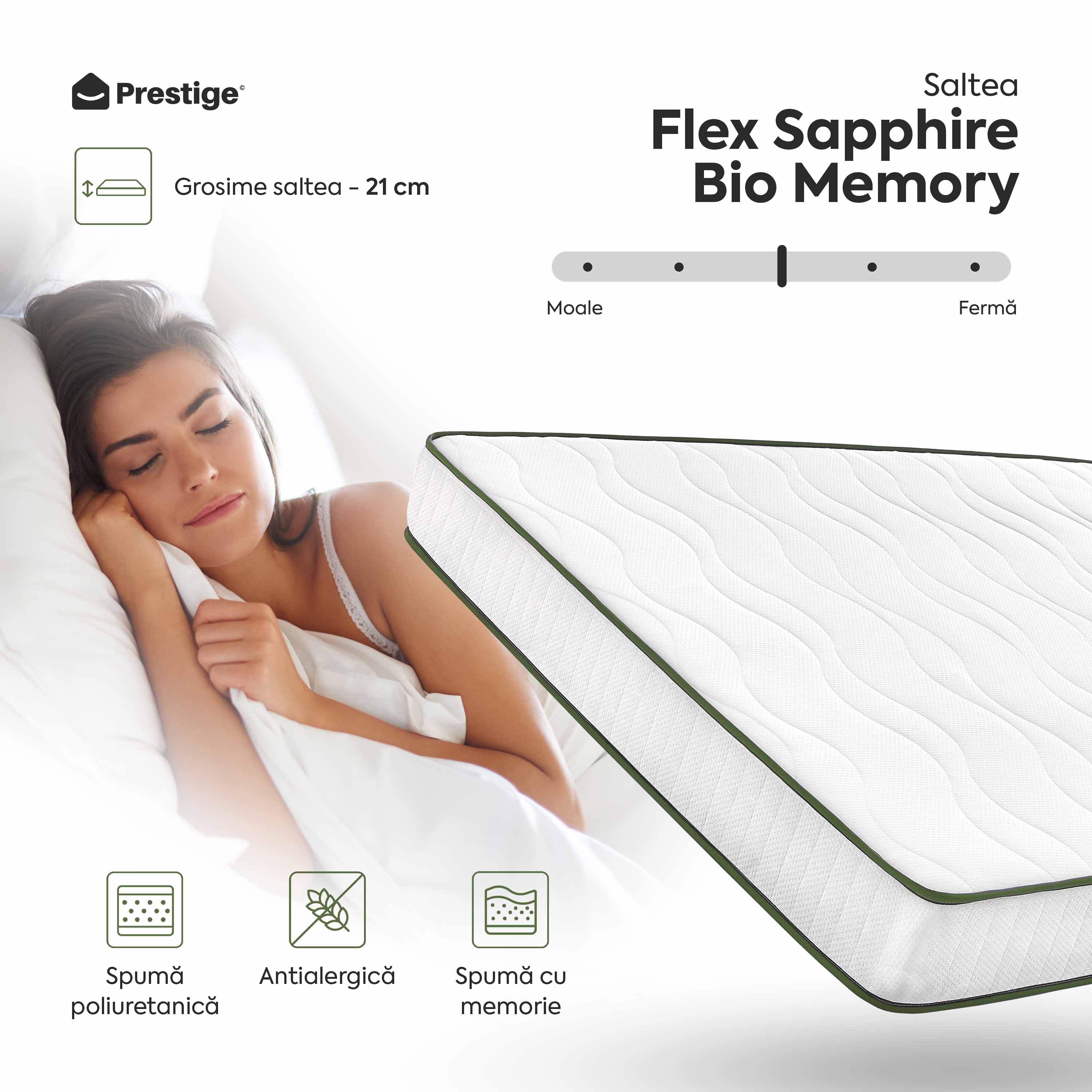Saltea FLEX SAPPHIRE BIO MEMORY 14+5, spumă poliuretanică elastică, spumă cu memorie, husă cu efect antialergic, superortopedică, Grosime 21 cm - Prestige Home