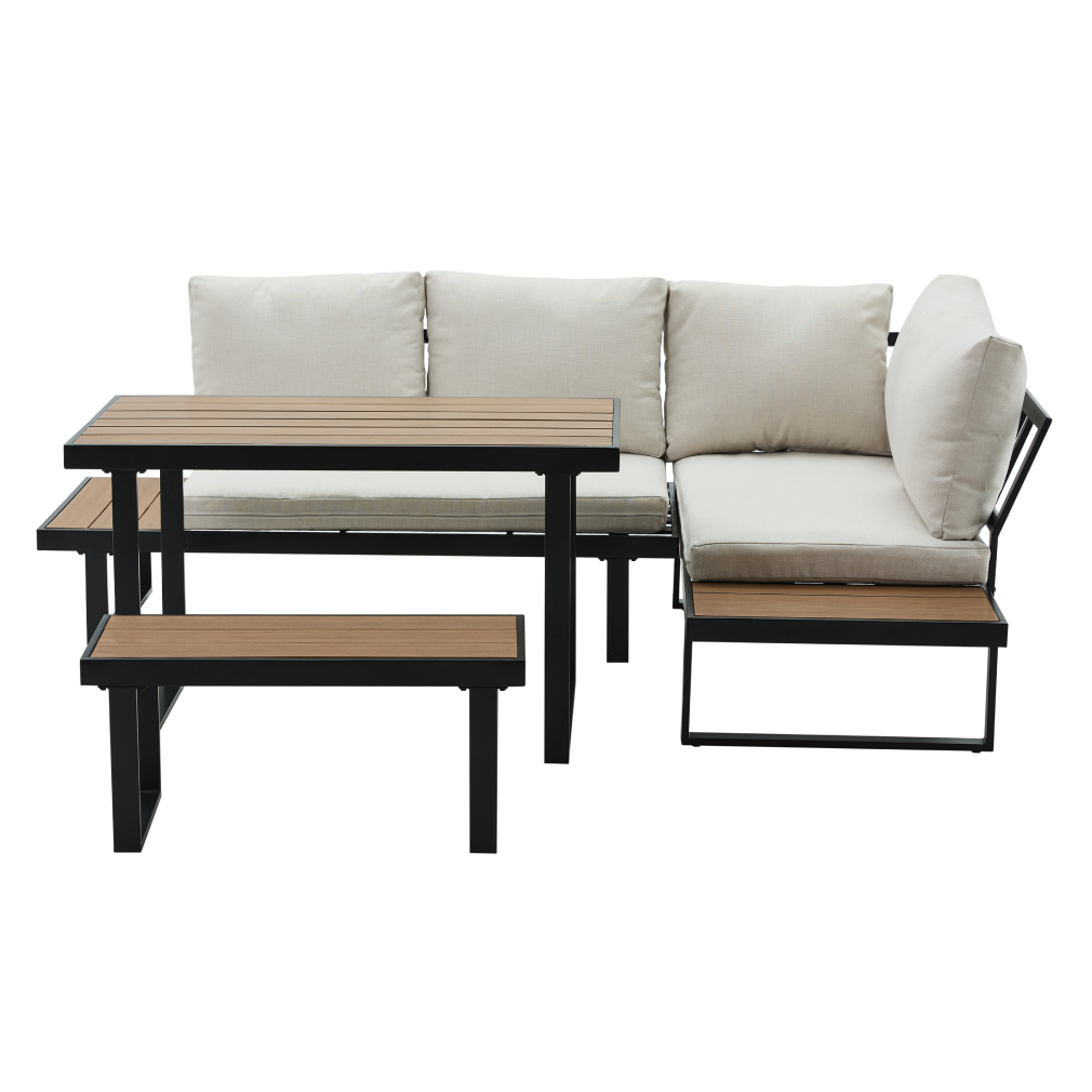Set Grădină Modular FLOJD 4 Piese | Canapea Colț + Masă + Bancă | Oțel, Polywood | Kondela