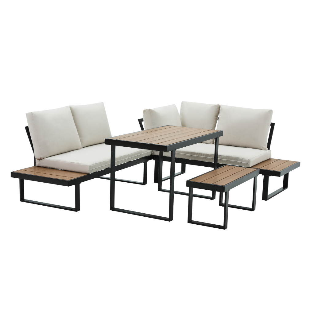 Set Grădină Modular FLOJD 4 Piese | Canapea Colț + Masă + Bancă | Oțel, Polywood | Kondela