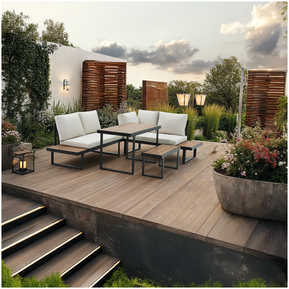 Set Grădină Modular FLOJD 4 Piese | Canapea Colț + Masă + Bancă | Oțel, Polywood | Kondela