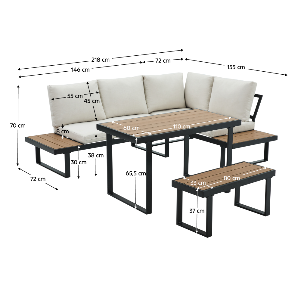 Set Grădină Modular FLOJD 4 Piese | Canapea Colț + Masă + Bancă | Oțel, Polywood | Kondela