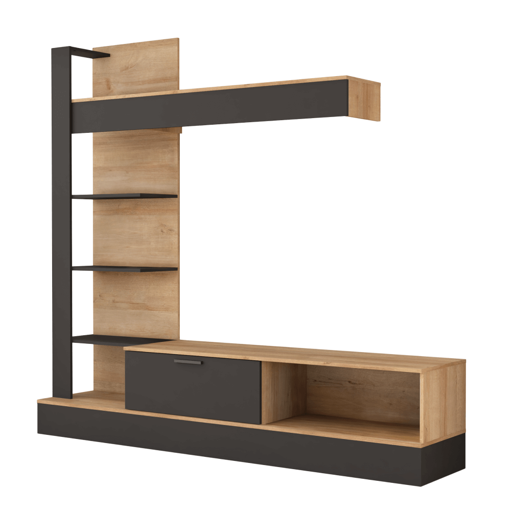 Mobilier de perete living, stejar Riviera / negru, GELUZA Kondela