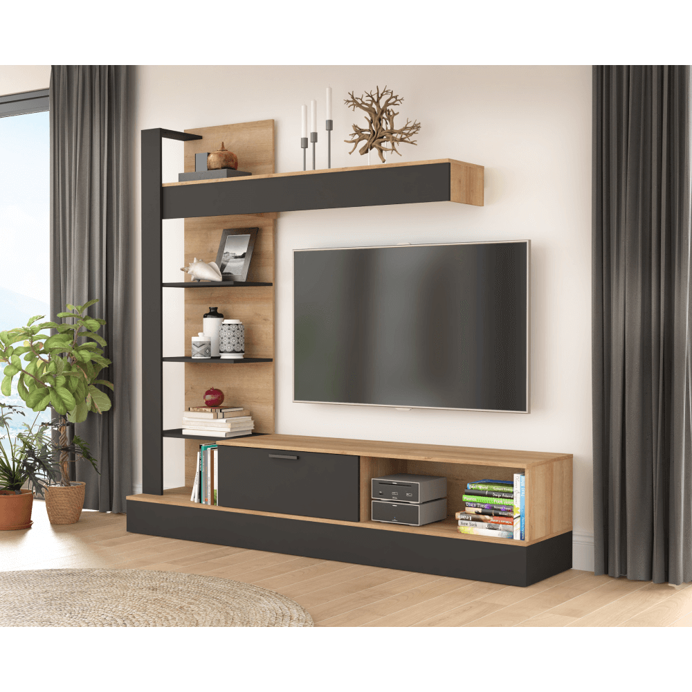 Mobilier de perete living, stejar Riviera / negru, GELUZA Kondela