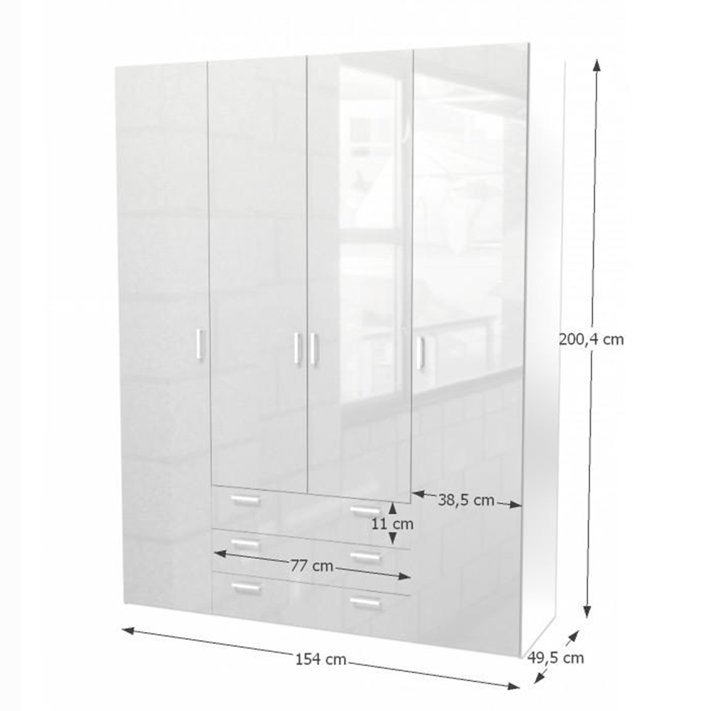 Dulap GUARDA, 4 uși, alb extra lucios, 154.8x49.5x200.4 cm Kondela