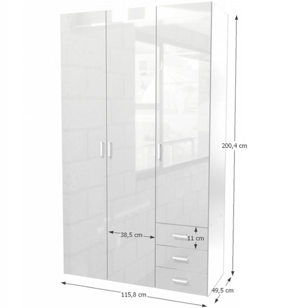 Dulap GUARDA, 3 uși, alb extra lucios, 115.8x49.5x200.4 cm Kondela