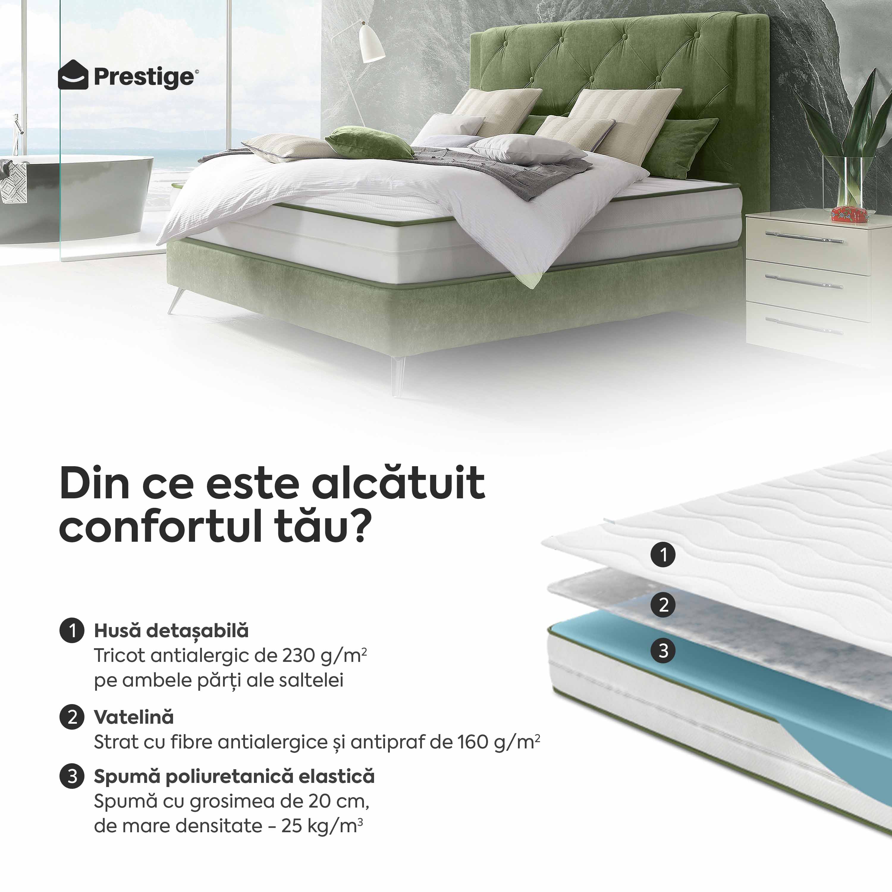 Saltea HYGENE THERAPY, spumă poliuretanică, reversibilă,  husă detașabilă cu fermoar, lavabilă, superortopedică, Grosime 22 cm - Prestige Home