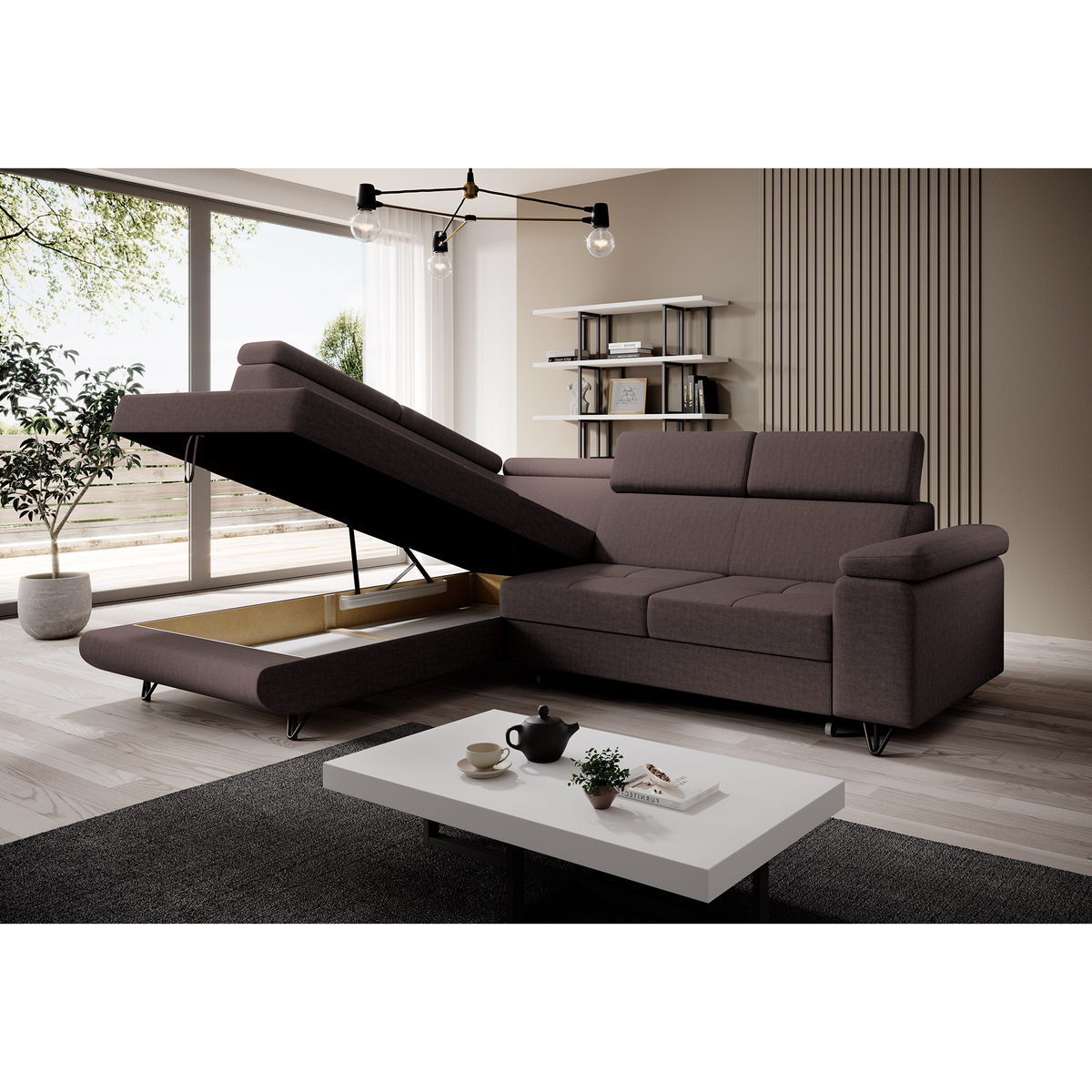 Canapea extensibilă POREC, maro, pe stânga, 250x183x76 cm Kondela