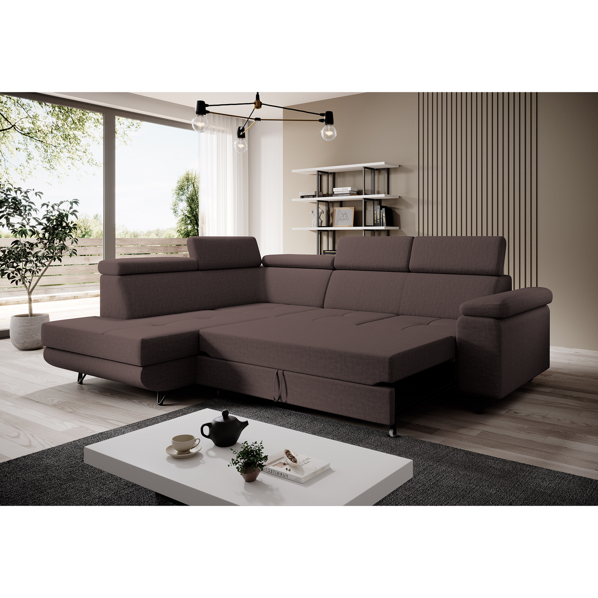 Canapea extensibilă POREC, maro, pe stânga, 250x183x76 cm Kondela
