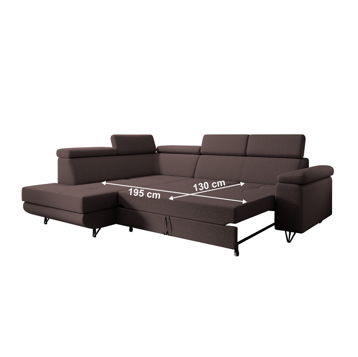 Canapea extensibilă POREC, maro, pe stânga, 250x183x76 cm Kondela