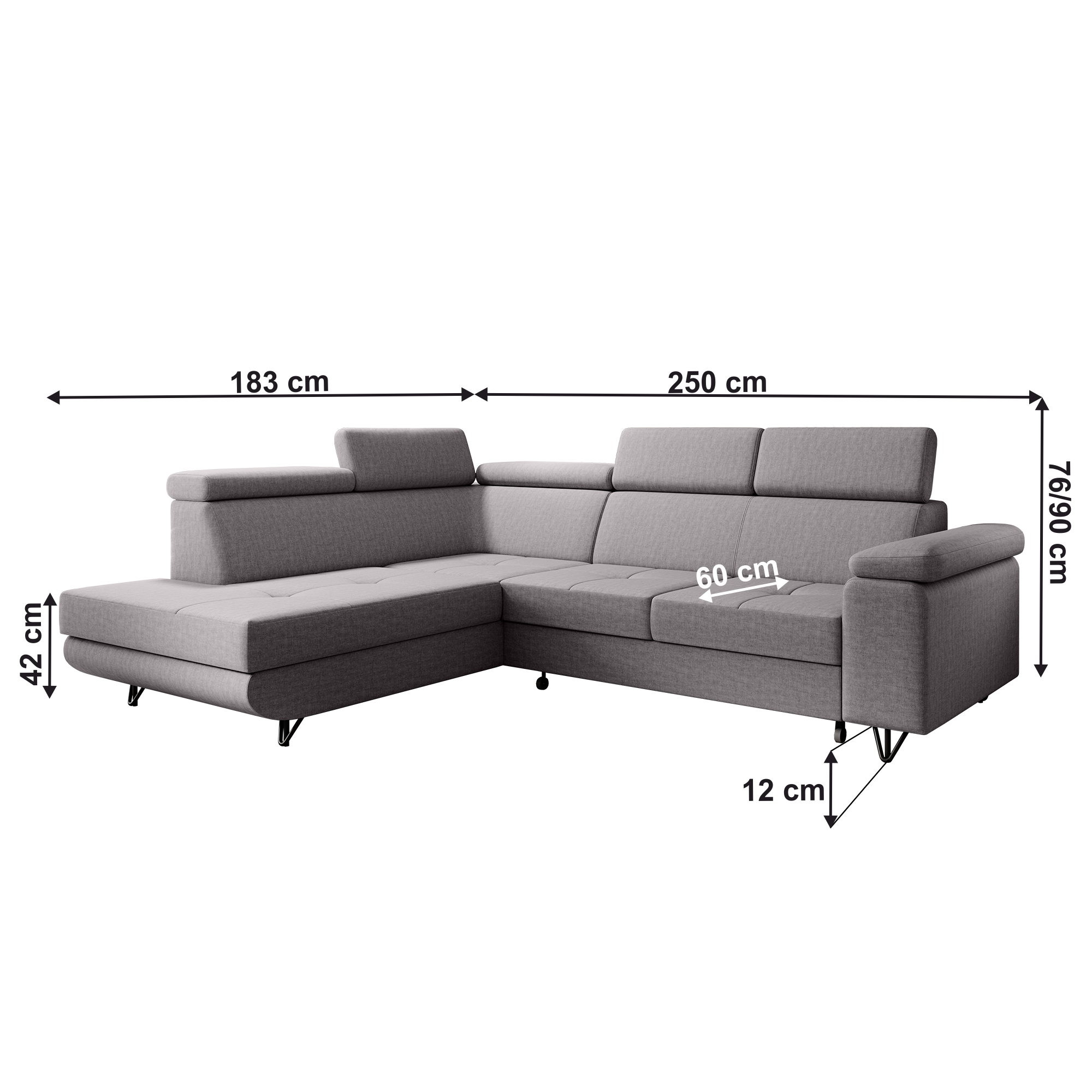 Canapea extensibilă POREC, gri deschis, pe stânga, 250x183x76 cm Kondela