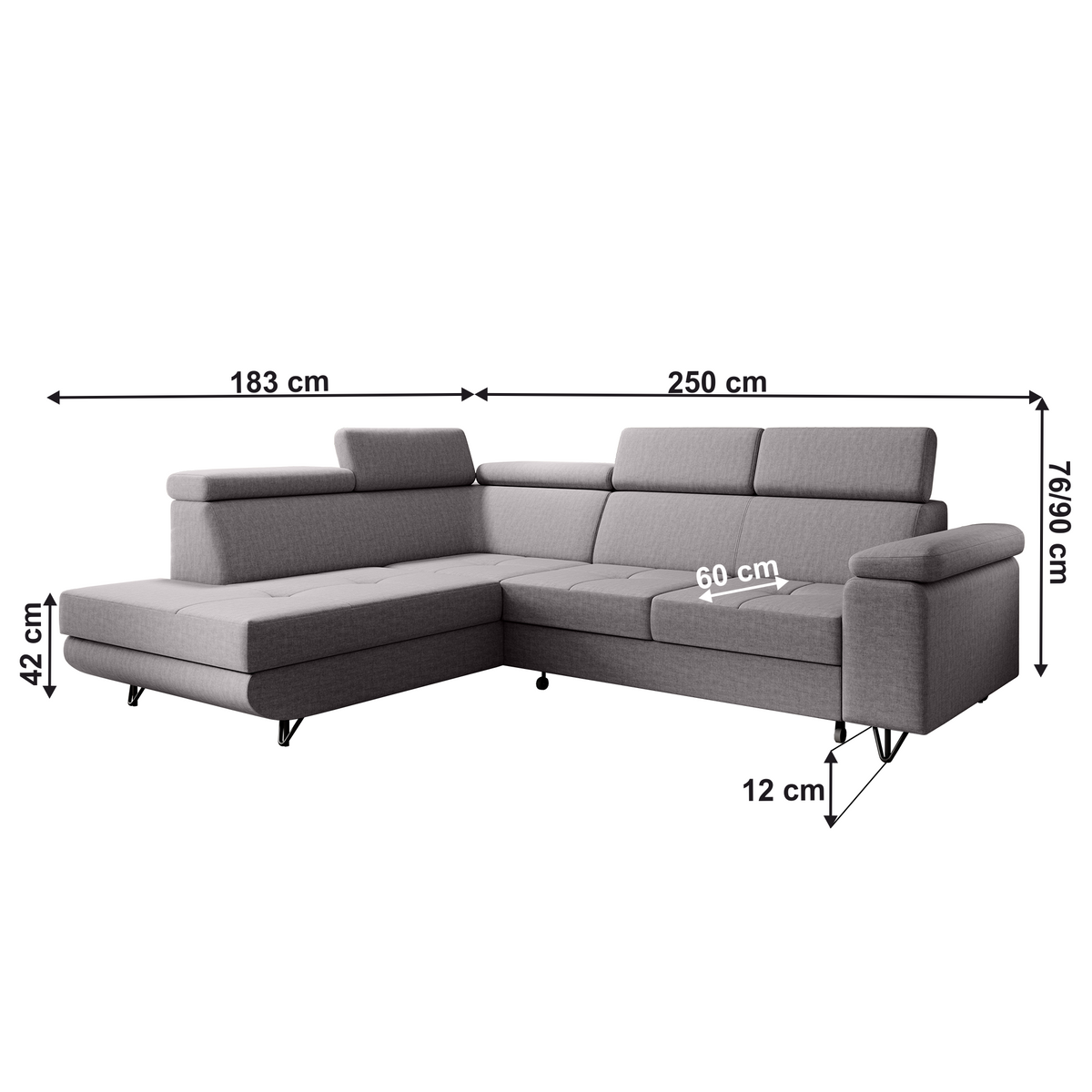 Canapea extensibilă POREC, gri deschis, pe stânga, 250x183x76 cm Kondela