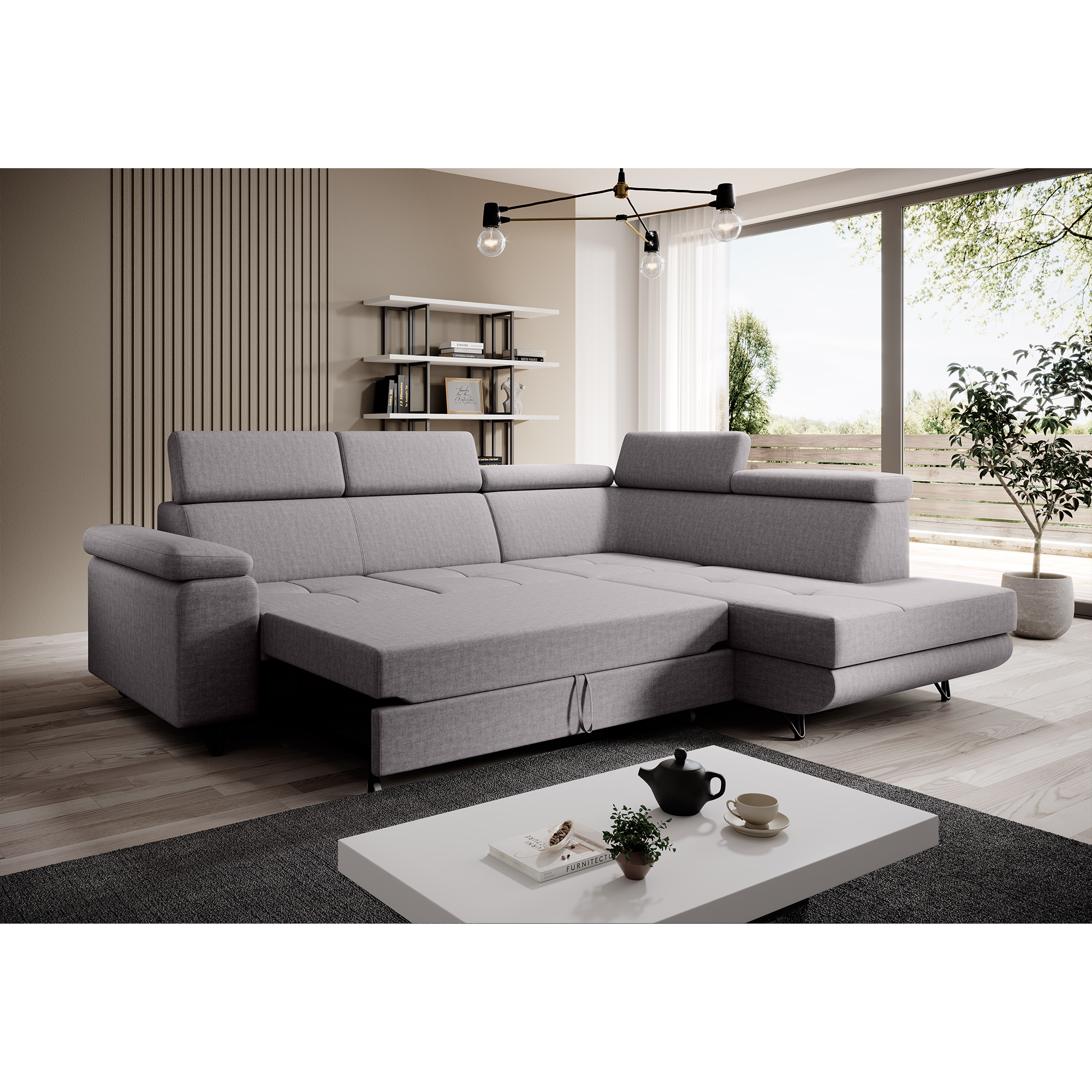 Canapea extensibilă POREC, gri deschis, pe dreapta, 250x183x76 cm Kondela