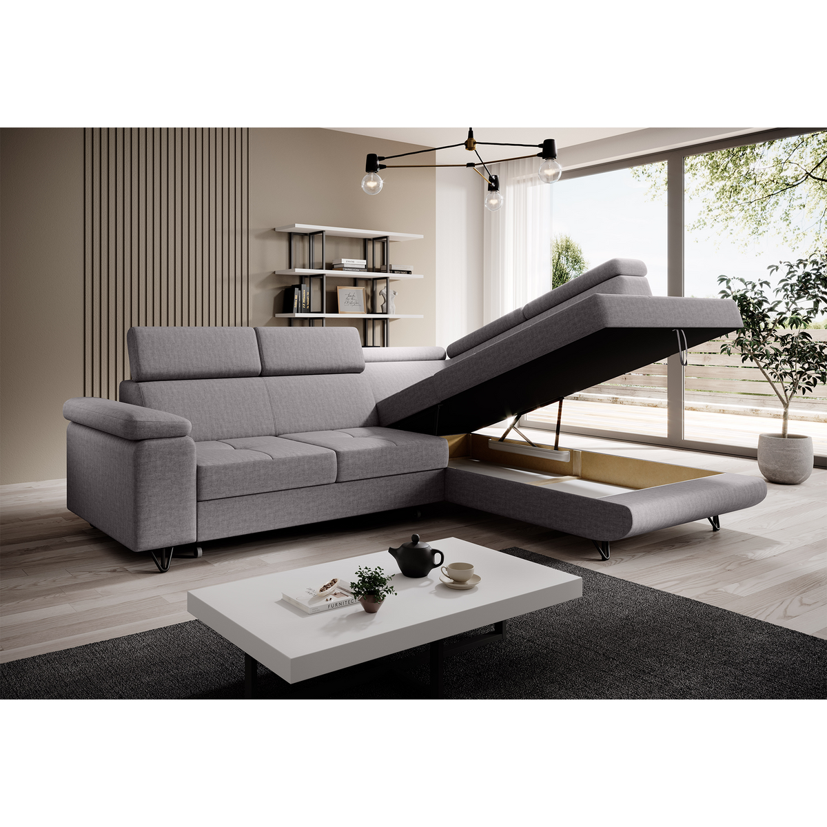 Canapea extensibilă POREC, gri deschis, pe dreapta, 250x183x76 cm Kondela