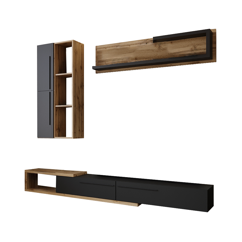 Ansamblu living KALVADOS 2, stejar Tacho/antracit, cu masă TV și raft, 210 cm Kondela