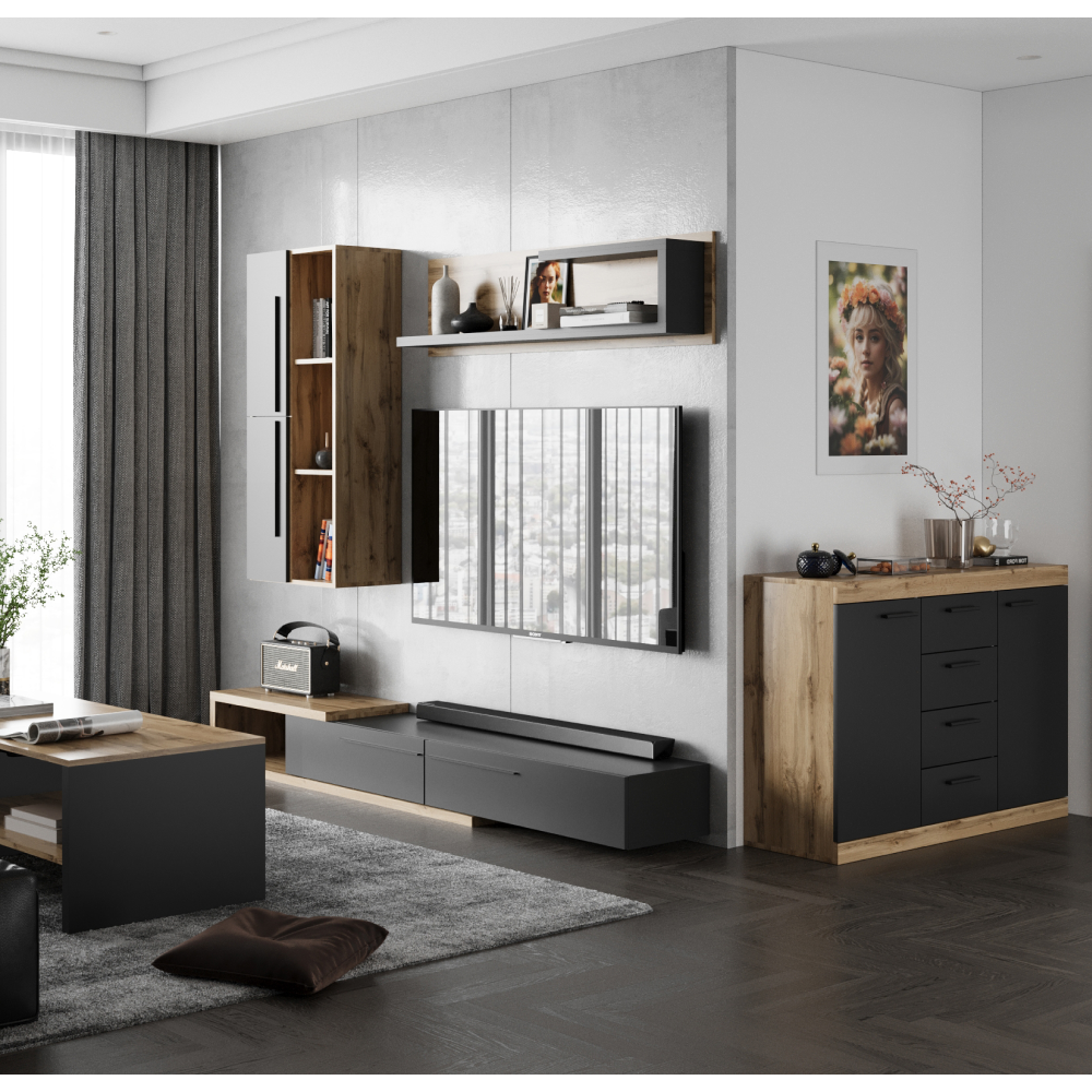 Ansamblu living KALVADOS 2, stejar Tacho/antracit, cu masă TV și raft, 210 cm Kondela