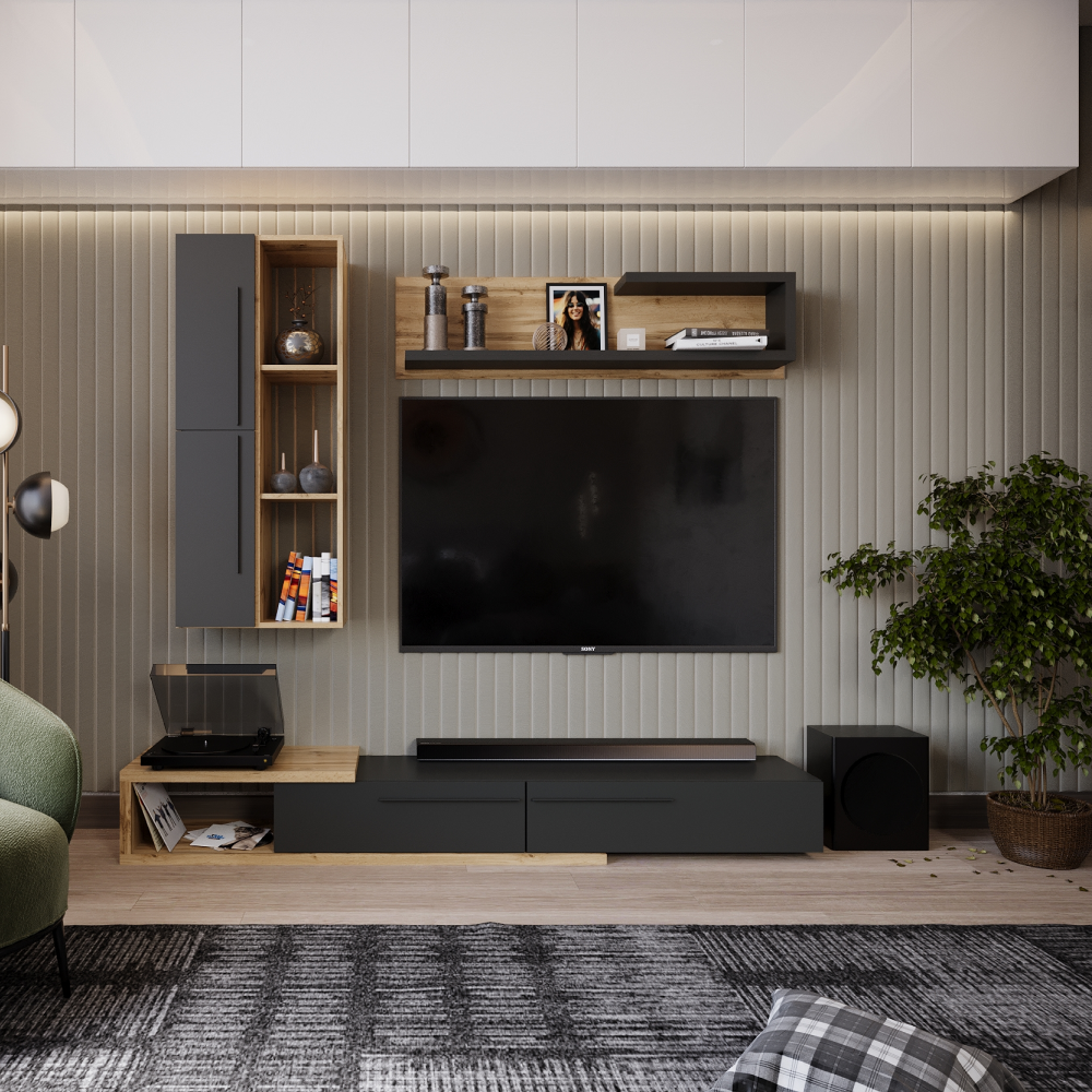 Ansamblu living KALVADOS 2, stejar Tacho/antracit, cu masă TV și raft, 210 cm Kondela