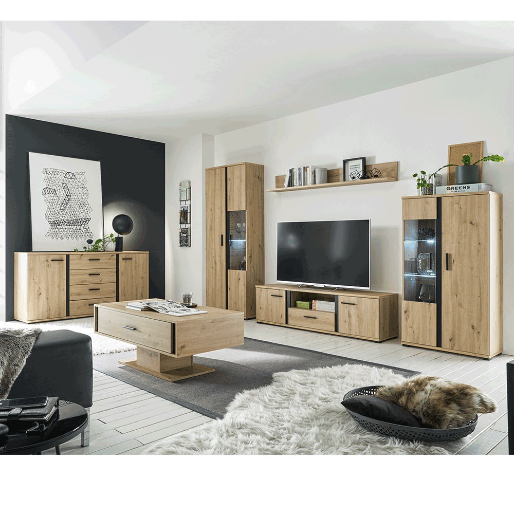 Perete living, stejar artizan / negru, KANODE Kondela