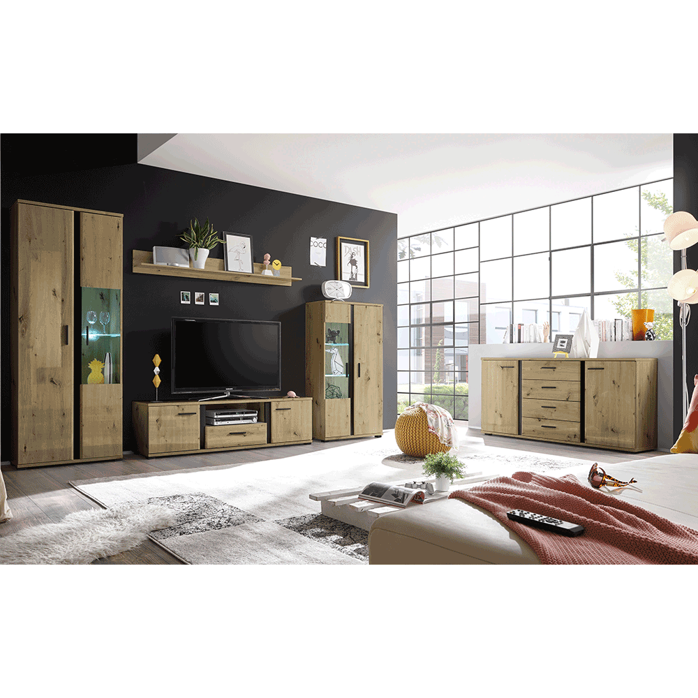 Perete living, stejar artizan / negru, KANODE Kondela