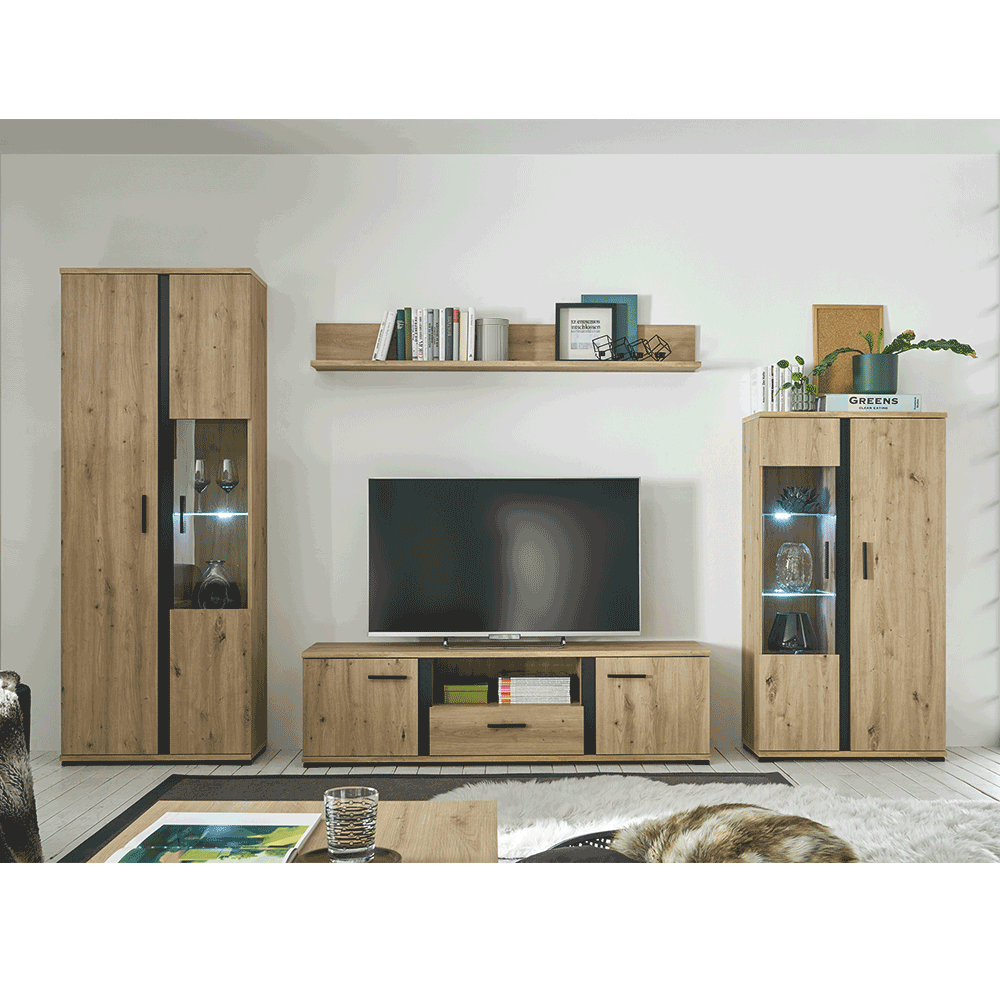 Perete living, stejar artizan / negru, KANODE Kondela