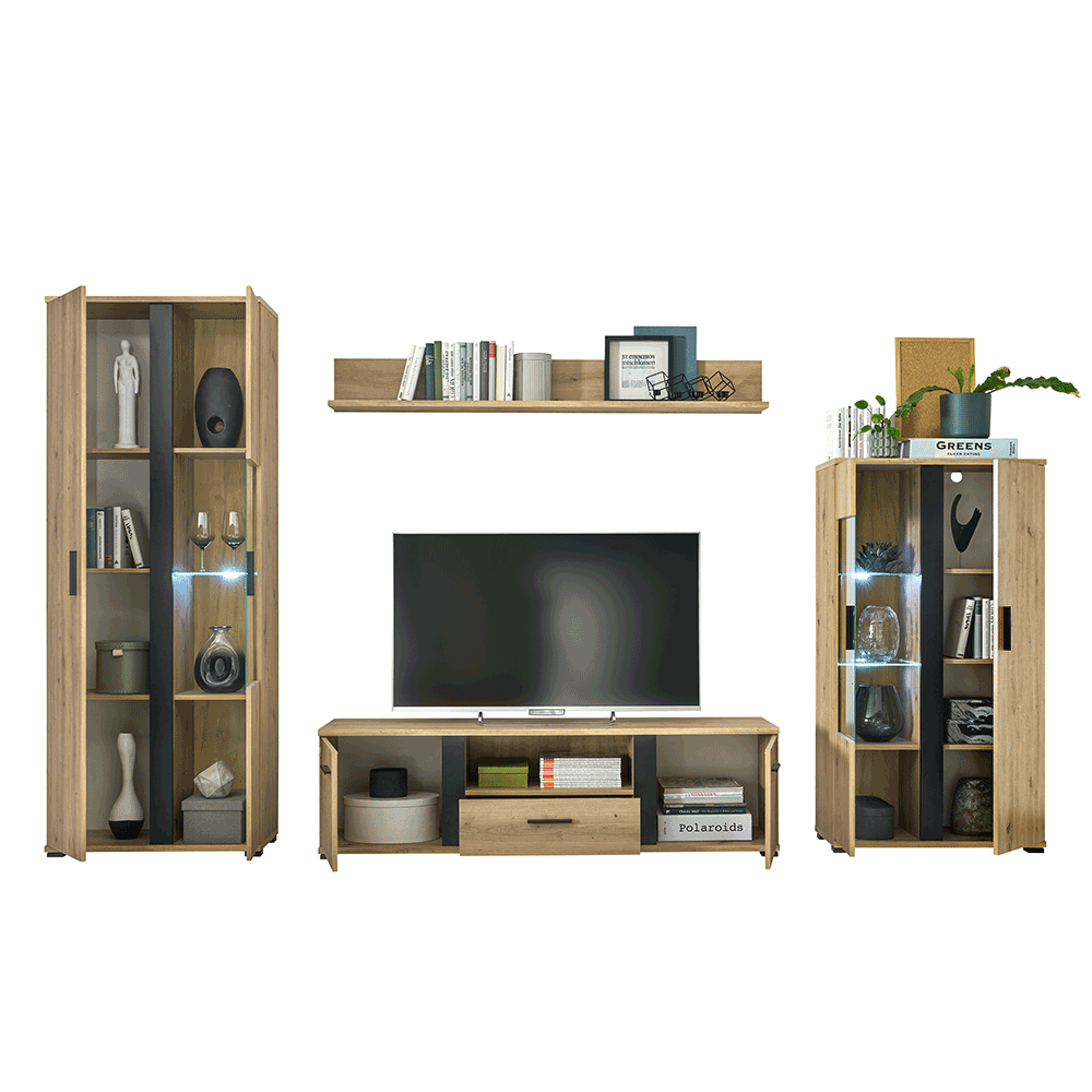 Perete living ORLEANS, stejar artizan / negru, 310x40x196 cm Kondela