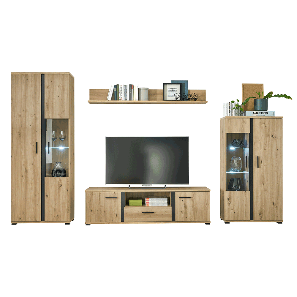 Perete living, stejar artizan / negru, KANODE Kondela