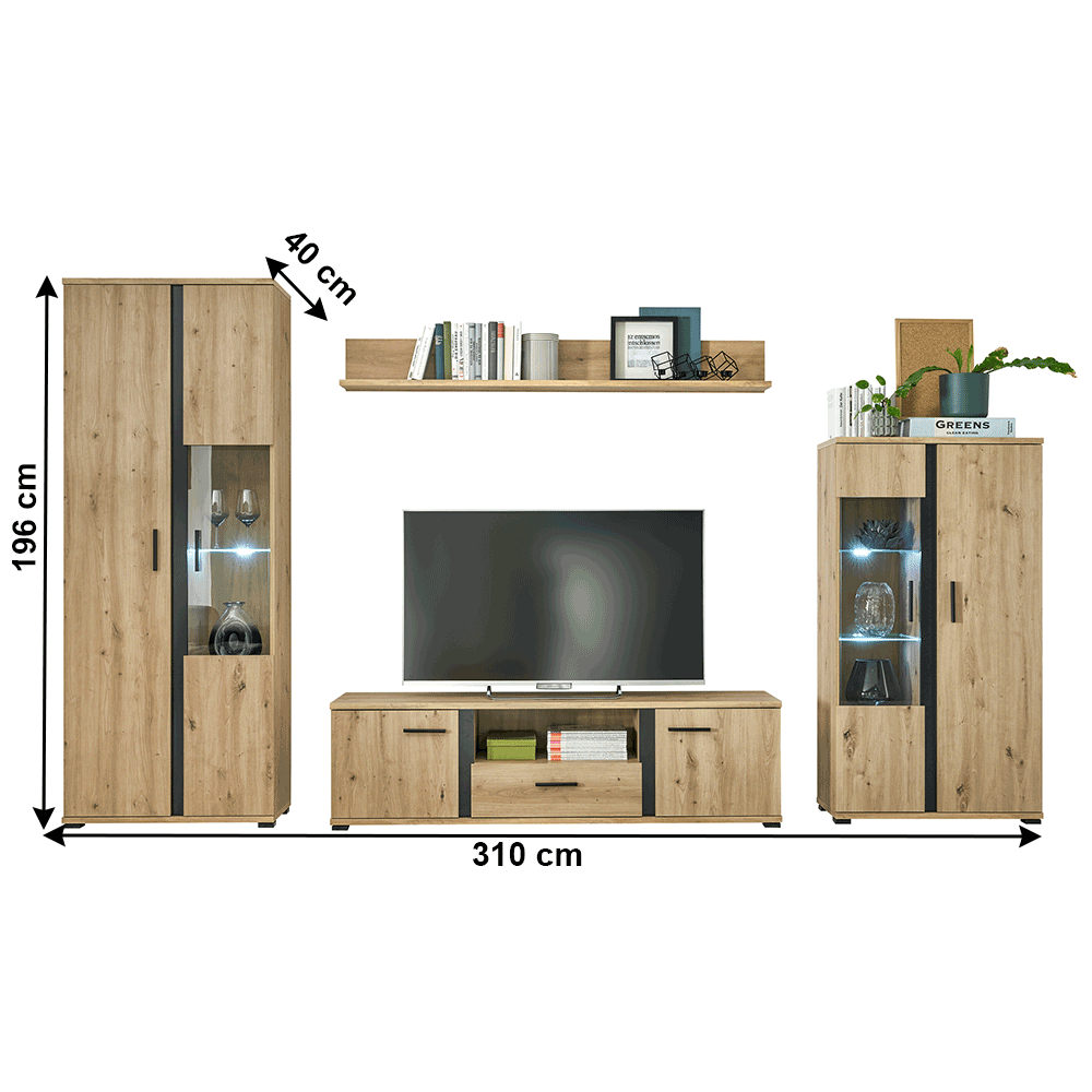 Perete living, stejar artizan / negru, KANODE Kondela