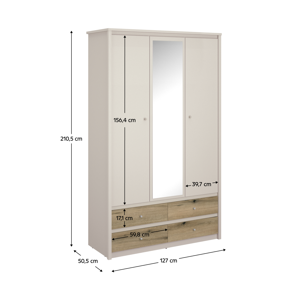 Dulap cu oglindă DOUAI, cașmir/stejar evoke, 127x50.5x210.5 cm Kondela