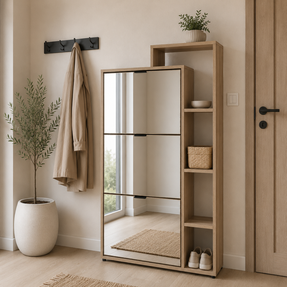 Pantofar basculabil cu trei rânduri cu oglindă PALAMOS TIP 2, stejar sonoma, 80x24x130 cm Kondela