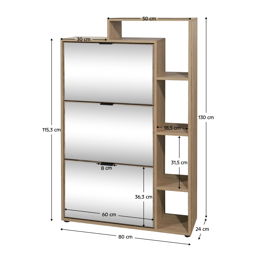 Pantofar basculabil cu trei rânduri cu oglindă PALAMOS TIP 2, stejar sonoma, 80x24x130 cm Kondela
