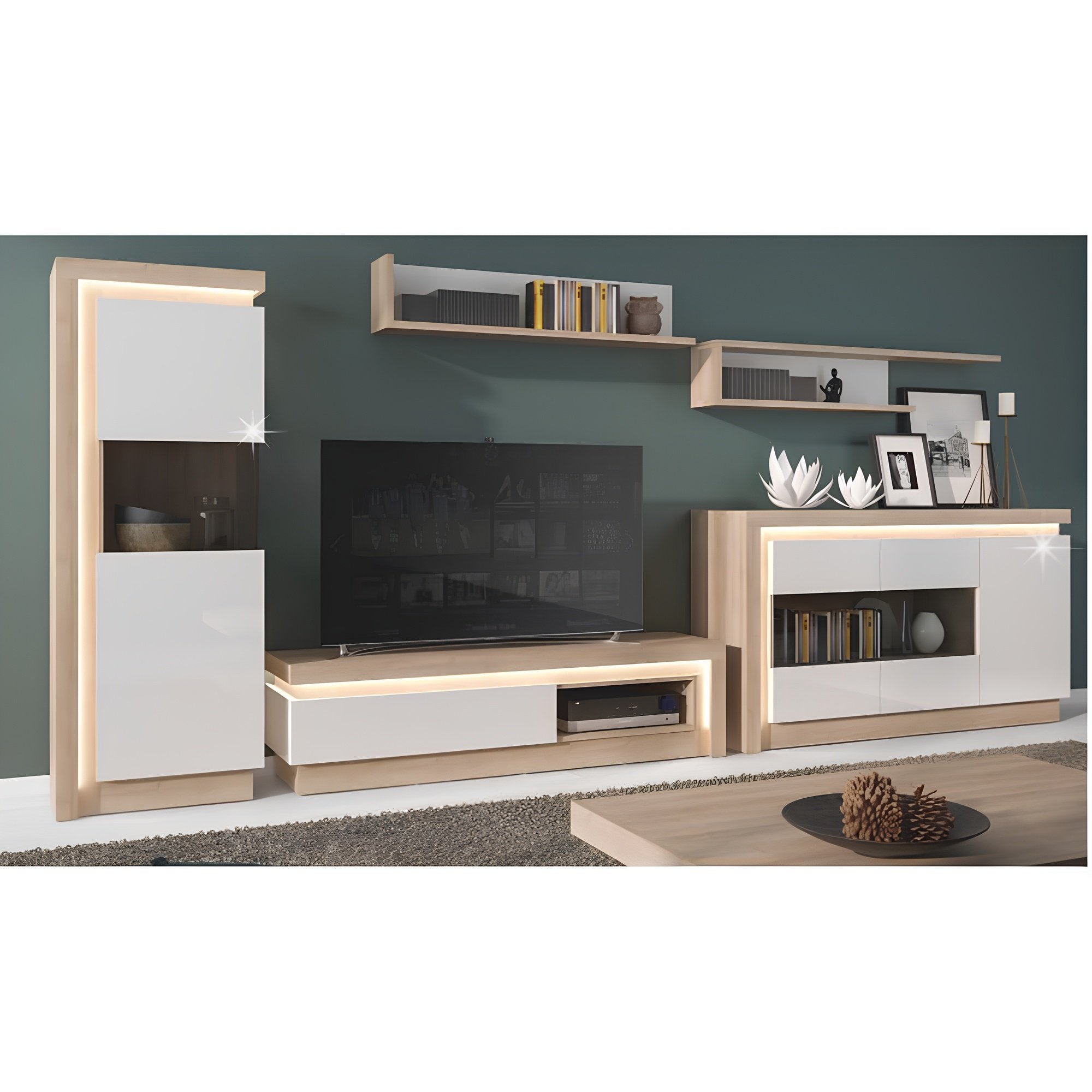 Comodă LEONARDO LYOK02, stejar riviera/alb, cu iluminare LED, 158 cm Kondela