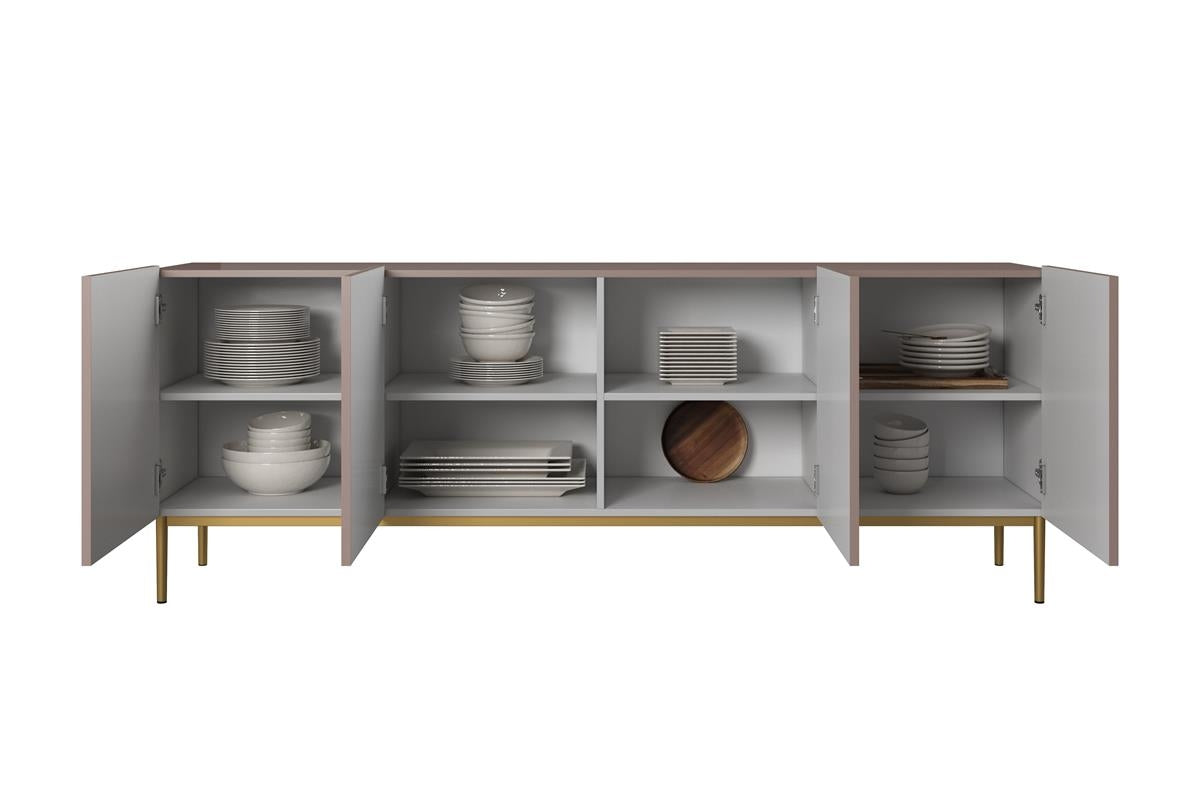 Comoda Nicole din pal, MDF si metal, cu 4 usi, 200 cm latime , Roz-Auriu Arboteca