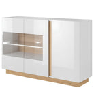 Comodă CITY 138 cu uși de sticlă, alb/stejar grandson, 3 uși, 138 cm Kondela