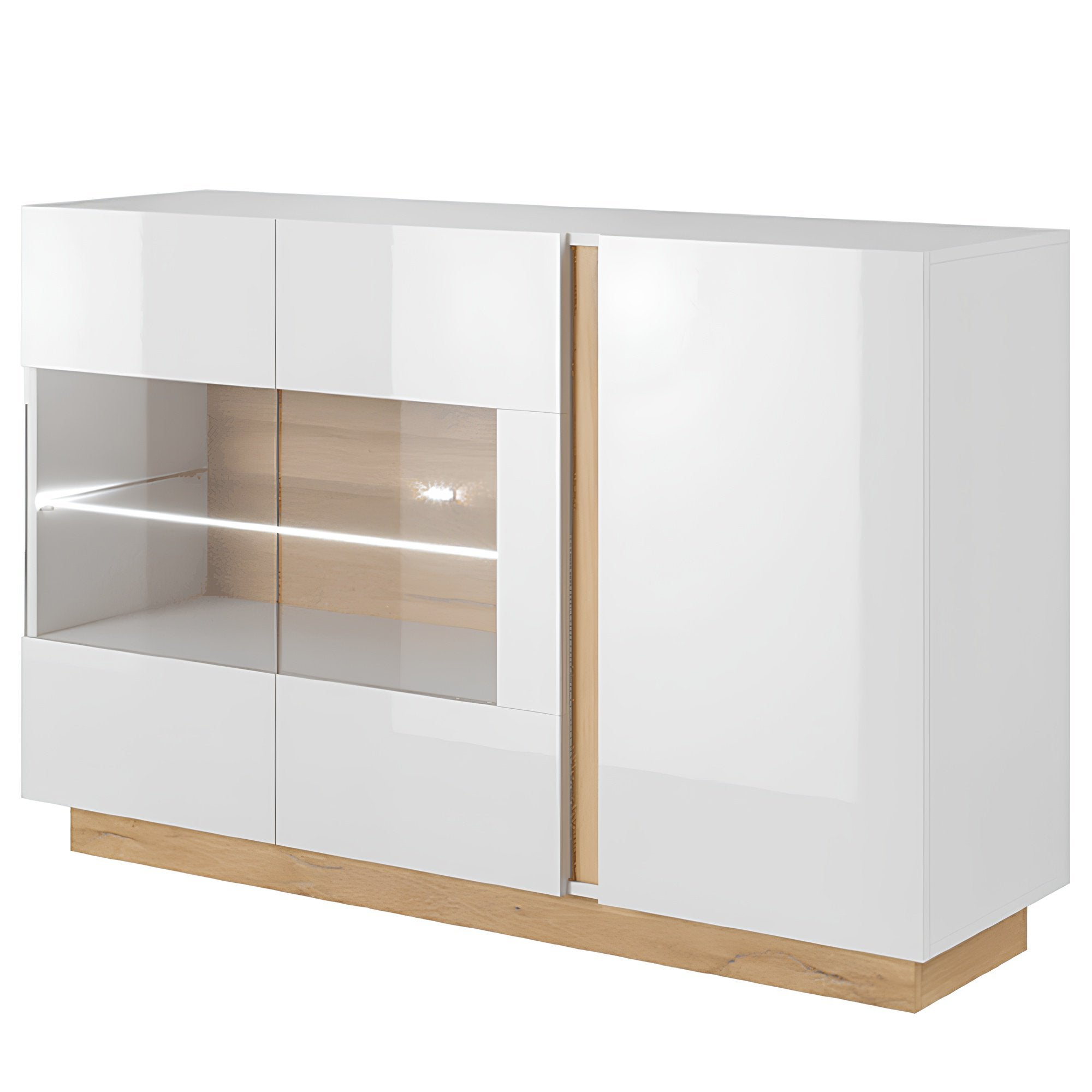 Comodă CITY 138 cu uși de sticlă, alb/stejar grandson, 3 uși, 138 cm Kondela