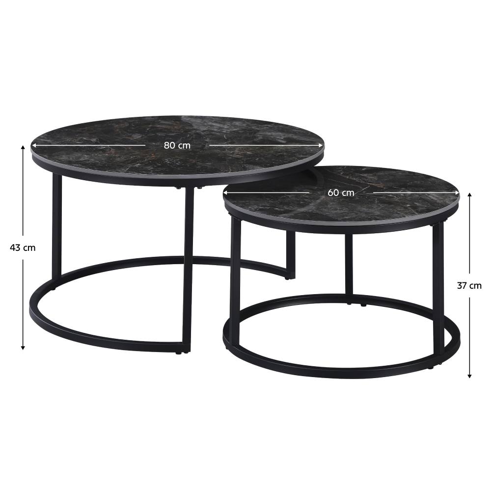 Măsuțe de cafea TOURNUS, set de 2, marmură negru/oțel negru Kondela