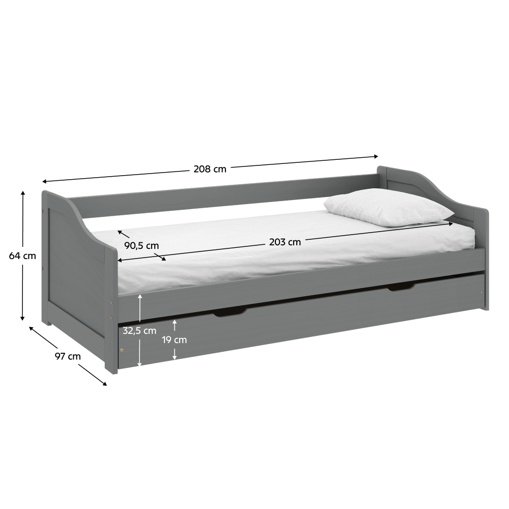 Pat cu pat suplimentar extensibil VALENCE, gri, lemn masiv, 90x200, 208x97x64 cm Kondela