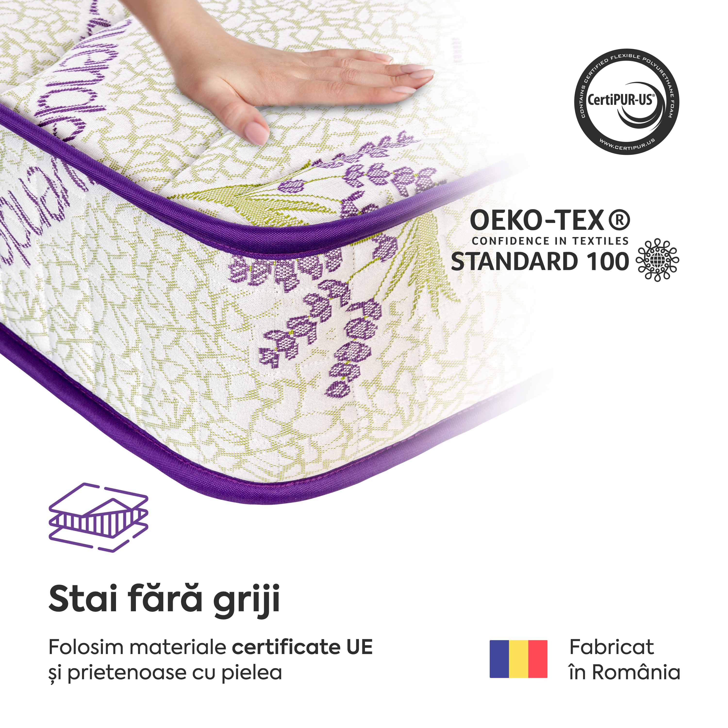 Saltea LAVENDER AIR-FRESH, spumă poliuretanică, reversibilă, hipoalergenică, super ortopedică, Grosime 19 cm  - Prestige Home