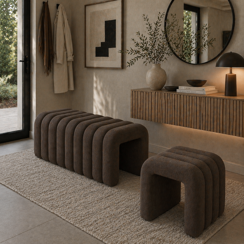 Bancă de design ORTONA, țesătură maro, 95x40x42 cm Kondela