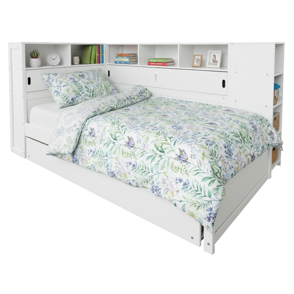 Pat multifuncțional LENDON, alb, 90x200 cm, cu rafturi și pat suplimentar Kondela