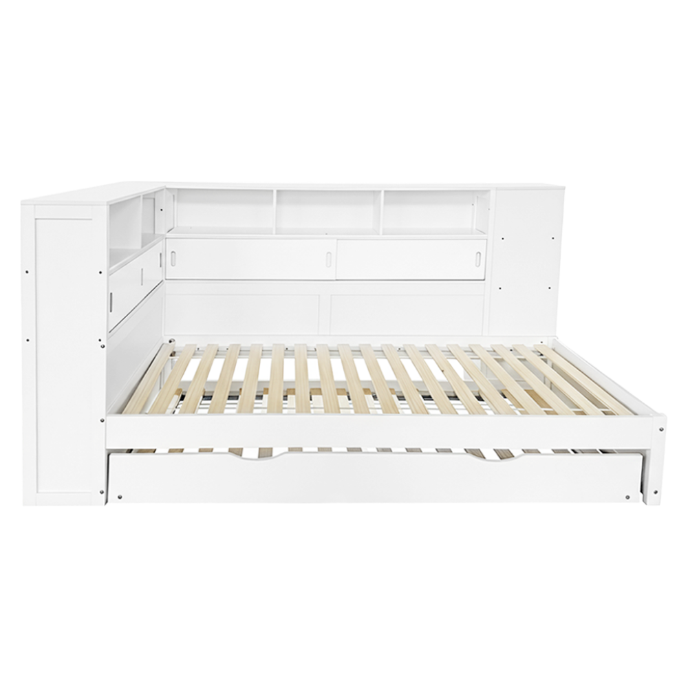 Pat multifuncțional LENDON, alb, 90x200 cm, cu rafturi și pat suplimentar Kondela