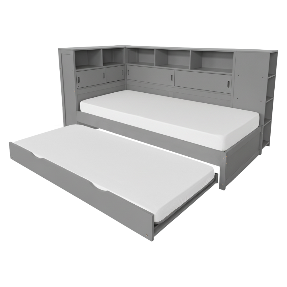 Pat multifuncțional LENDON, gri, 90x200 cm, cu rafturi și pat suplimentar Kondela