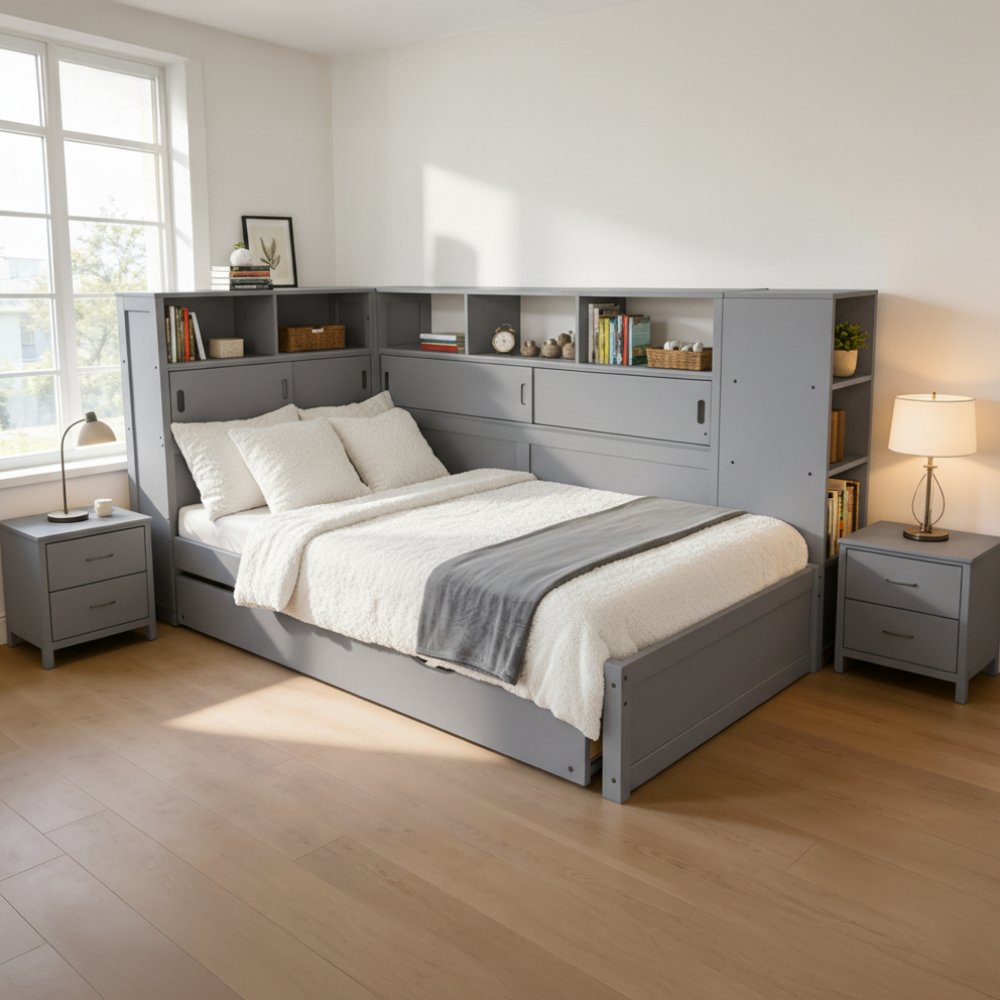 Pat multifuncțional LENDON, gri, 90x200 cm, cu rafturi și pat suplimentar Kondela