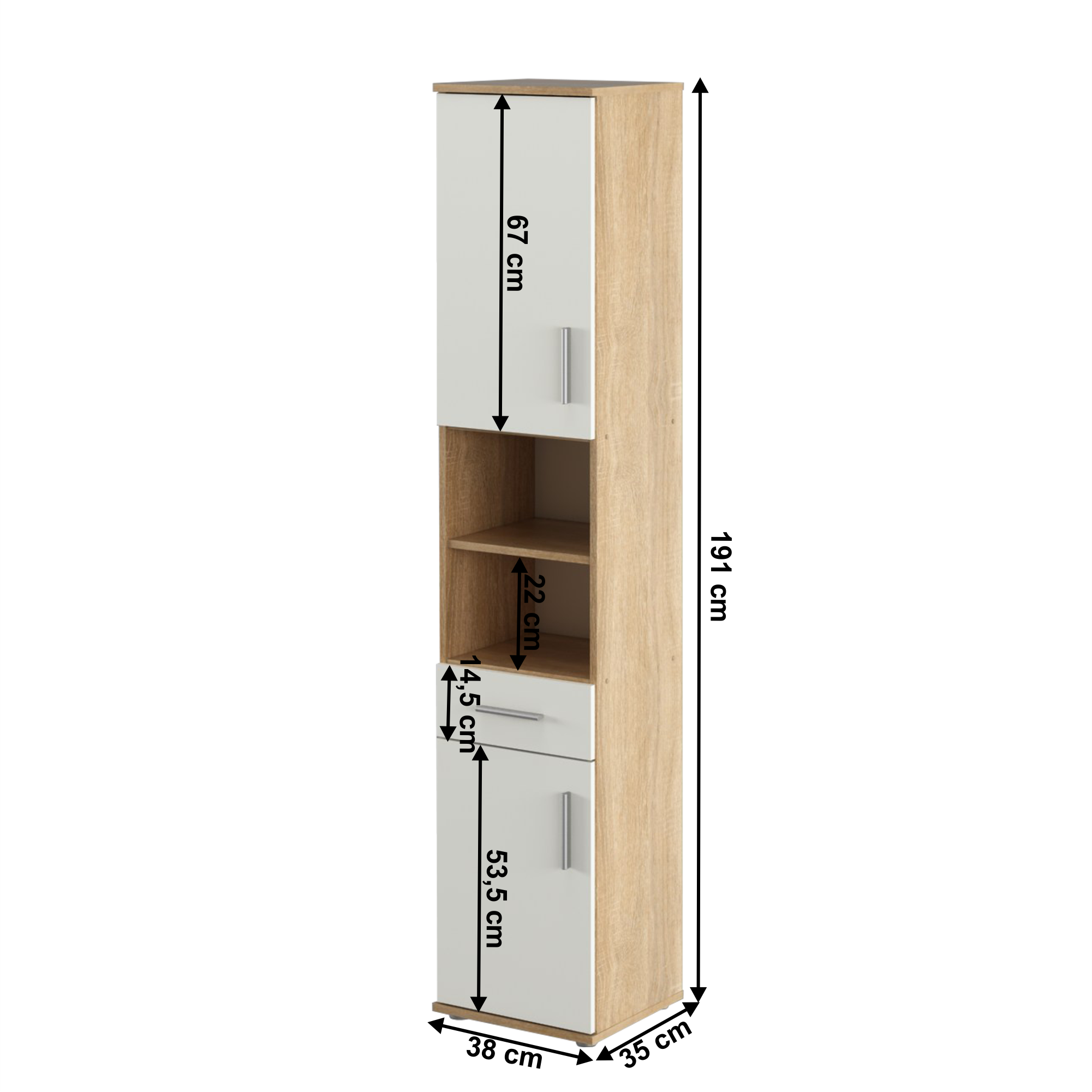 Dulap înalt VERIA 05, stejar sonoma/ alb mat, 38x35x188.8 cm Kondela
