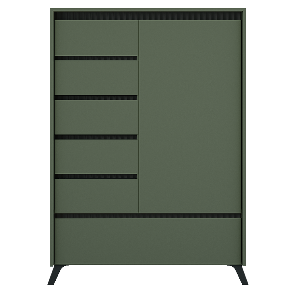 Comodă LONGY, verde smoke/negru, 1 ușă și 5 sertare, 95 cm Kondela