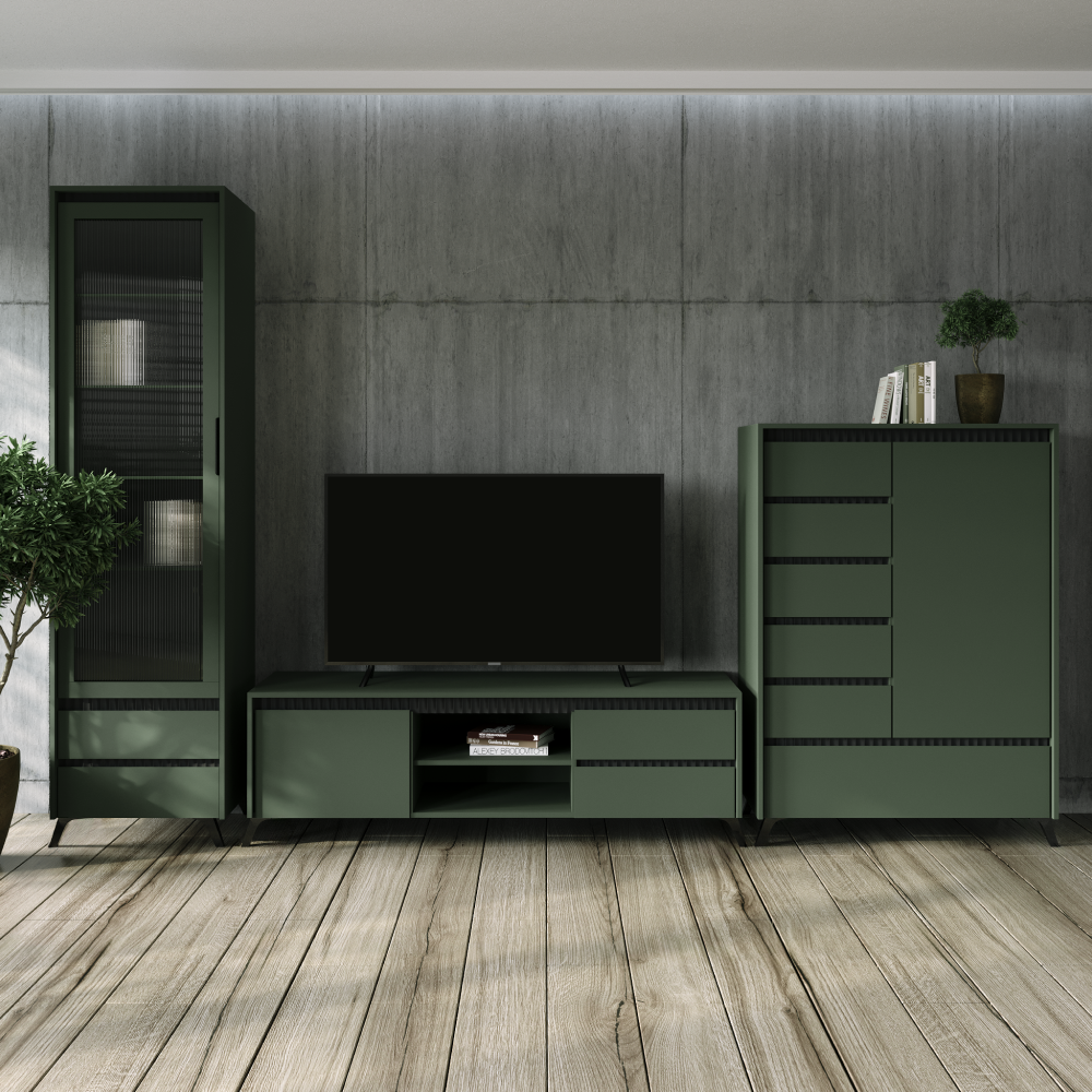 Comodă TV LONGY, verde smoke/negru, extensibilă, 155 cm Kondela
