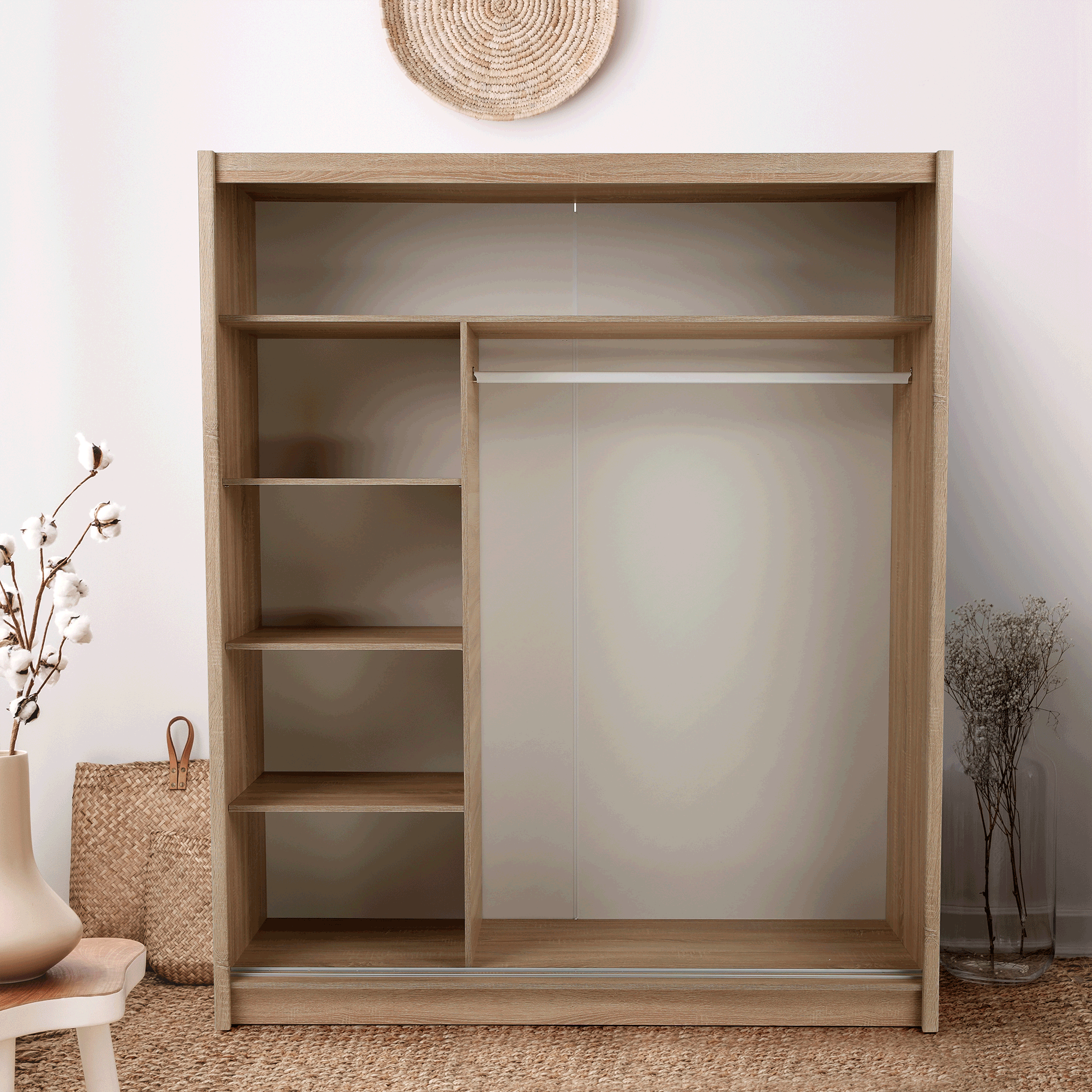 Dulap cu uși glisante LOW, stejar sonoma, cu oglindă, 180x215 cm Kondela