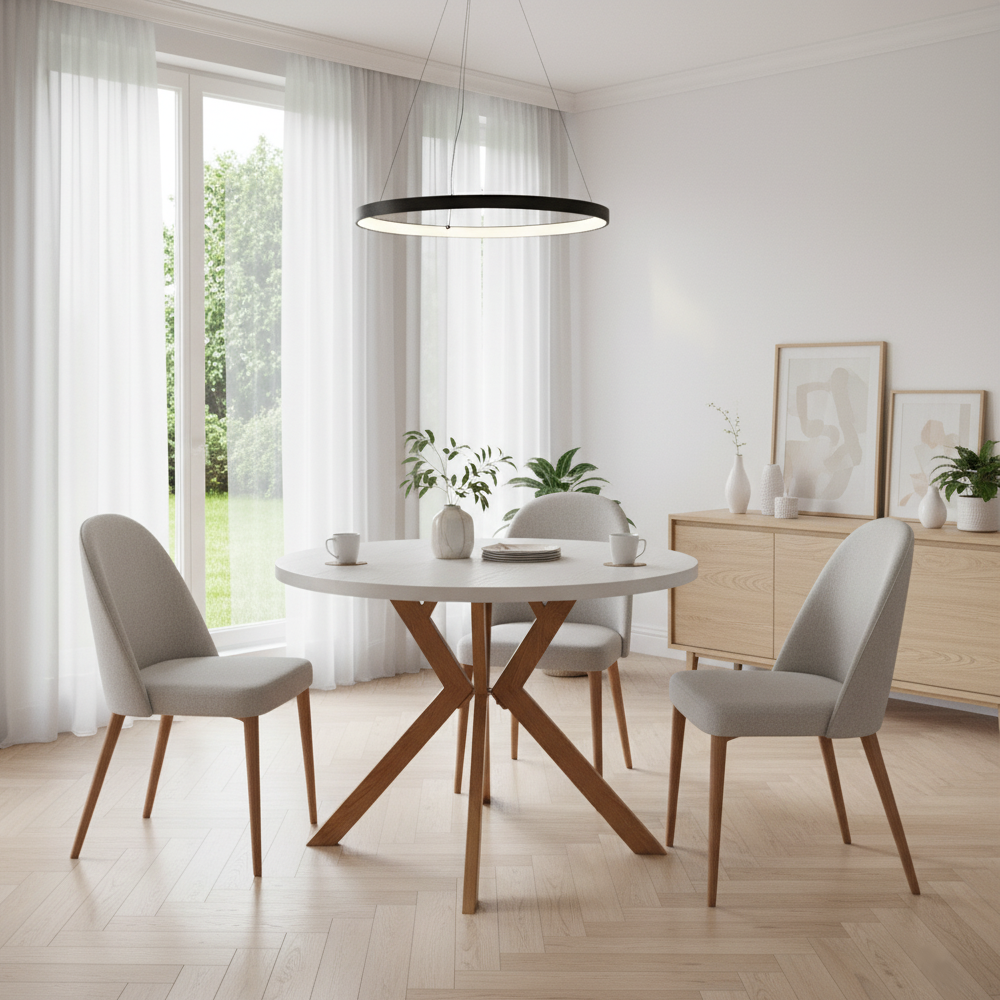 Masă extensibilă de sufragerie TAVIRA, albă/stejar, 100-250x75, 100x100x75.5 cm Kondela